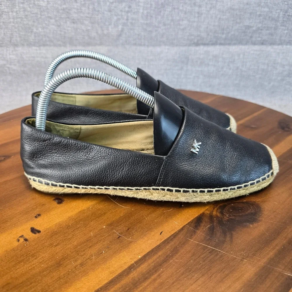 Michael Kors Black Leather Espadrille Flats MK Logo Slip On Shoes Womens 7M